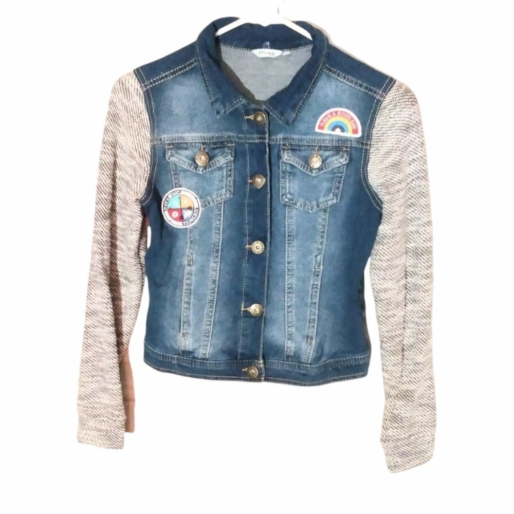Mudd Girls Denim Jean Sweater Arm Multi Patch Girls Jacket Size 14